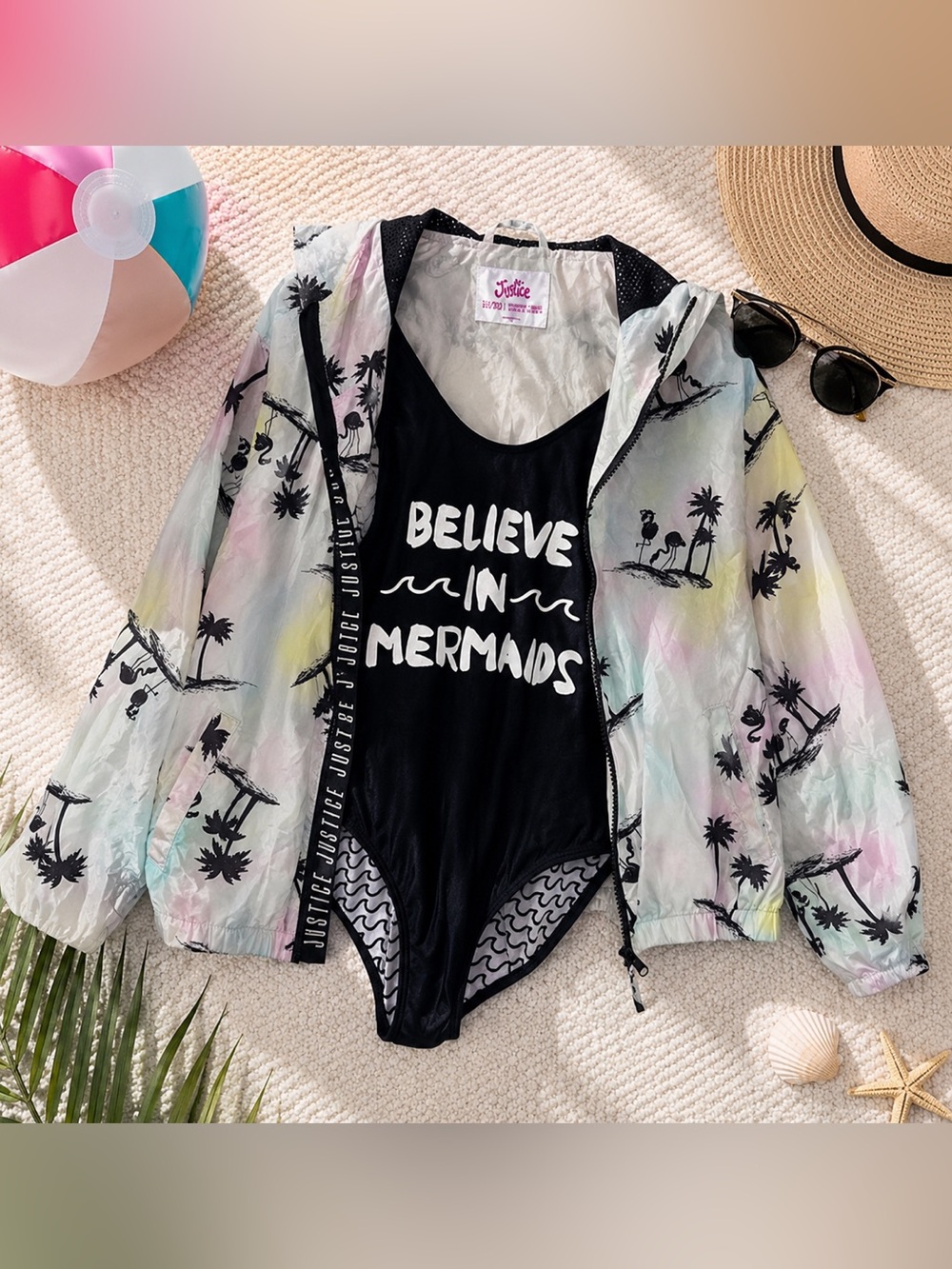 Girls Justice Pastel Palm Print Windbreaker w Black Swimsuit size XL